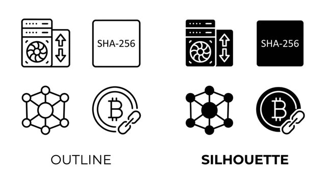 Cryptocurrency Icons: A collection of outline and silhouette icons representing cryptocurrency, blockchain technology, and the SHA-256 algorithm, showcasing digital currency and network concepts.