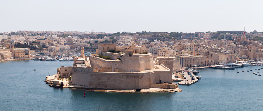 Panoramic view of Valletta old town, Malta. Fort St. Angelo, a bastioned fort in Birgu. It was originally built in the medieval period