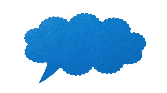 Vibrant blue paper cutout speech bubble with a scalloped cloud design isolated on a clean white background
