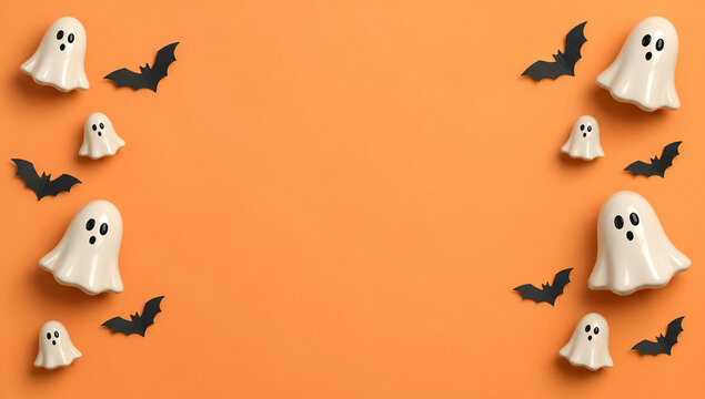 Halloween background with cute ceramic ghosts and black paper bats arranged on an orange surface, flat lay composition with copy space for text