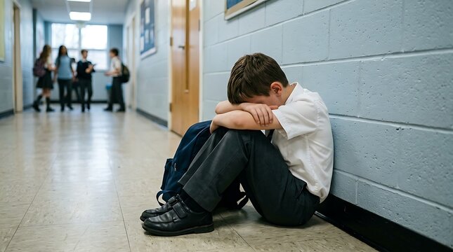 Young boy in school uniform sitting on floor in hallway leaning against blue wall with head down feeling rejected and bullied by other students walking in background school environment