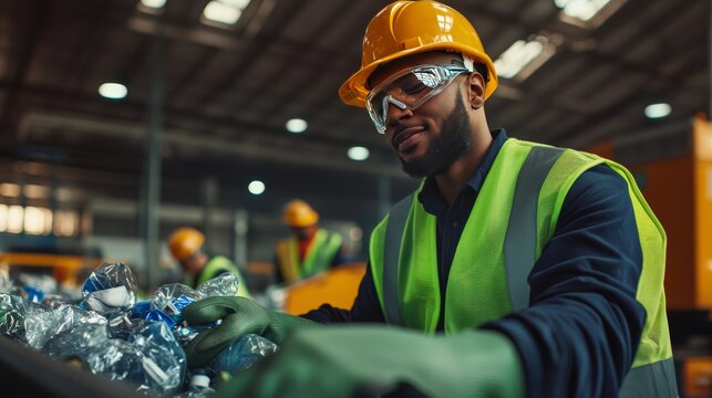 Recycling Facility Worker: A dedicated worker in a high-visibility vest and safety goggles sorts plastic bottles at a busy recycling plant, contributing to a sustainable future.