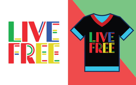 Live free motivational t-shirt featuring distressed multi-colored typography on black v-neck apparel mockup