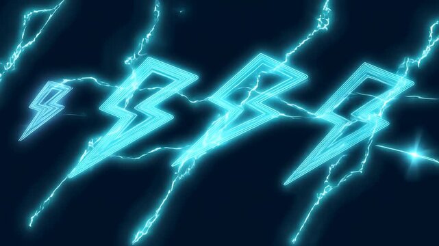 Tracking shot of animated neon lightning bolts forming and intensifying over dark abstract background