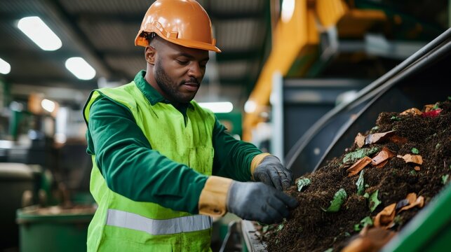 Waste Management Worker: A focused worker in a hi-vis vest and hard hat examines organic waste, essential to the process of composting and recycling, within an industrial facility.