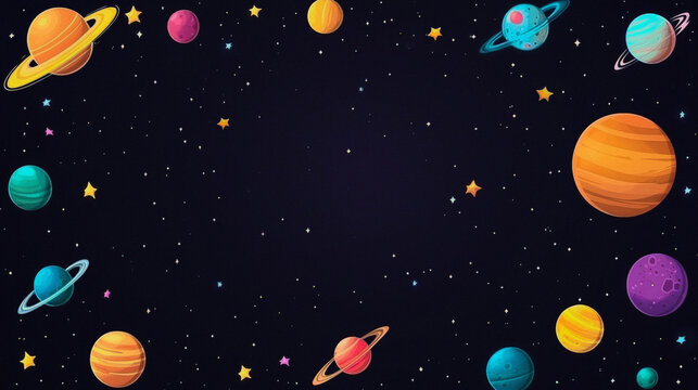 Cute cartoon outer space border background featuring vibrant planets, stars, and dark cosmos. Perfect for kids educational themes, astronomy, and sci-fi with copy space.