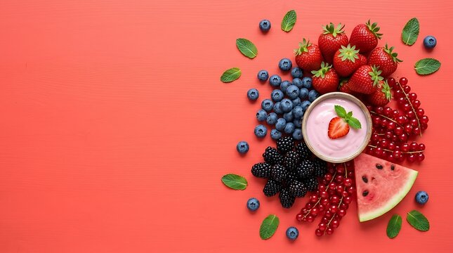 Top view of healthy breakfast bowl with yogurt and fresh berries on vibrant red wooden background surrounded by strawberries blueberries raspberries and mint leaves for healthy eating concept