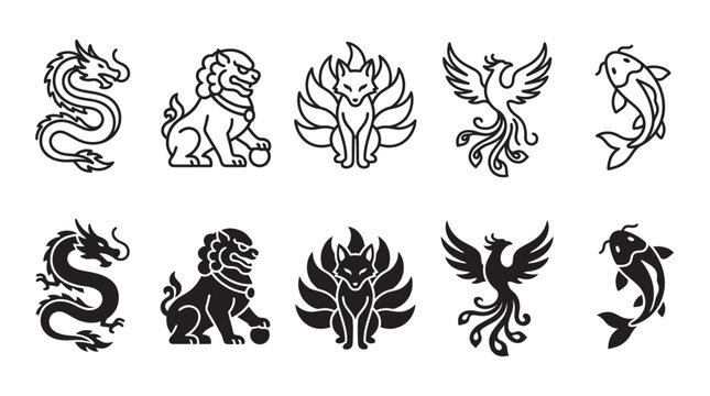 Set of asian mythical creature icons including dragon foo dog kitsune phoenix fish in outline and solid styles