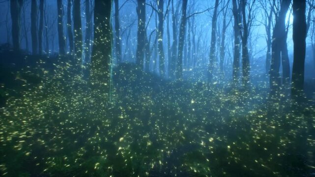 Slow tracking dolly shot of glowing swarm of fireflies rising and dispersing across misty woodland path at twilight