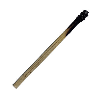 A single wooden match stick that has been burnt at the tip after being used to light a small fire for warmth