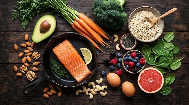 Nutritious selection of superfoods including salmon broccoli avocado nuts seeds oatmeal eggs and berries on dark wooden table for healthy balanced diet and clean eating lifestyle photography