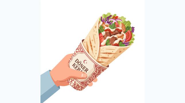 Hand holding a delicious doner kebab wrapped in paper vector illustration