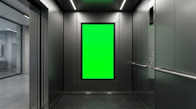 Modern Office Building Elevator Interior Featuring a Blank Vertical Digital Display Screen for Advertising and Corporate Branding Mockups