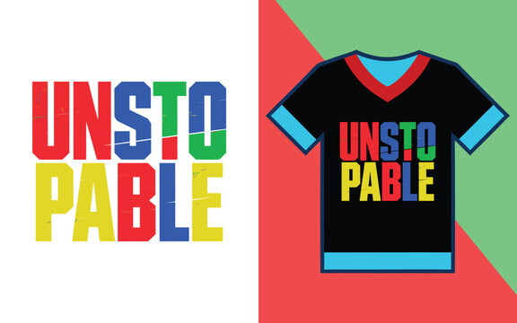 Unstoppable motivational t-shirt featuring distressed multi-colored typography on black v-neck apparel mockup