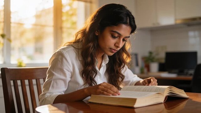 Leaning forward, Indian woman in white shirt studying reference book at wood table, turning pages