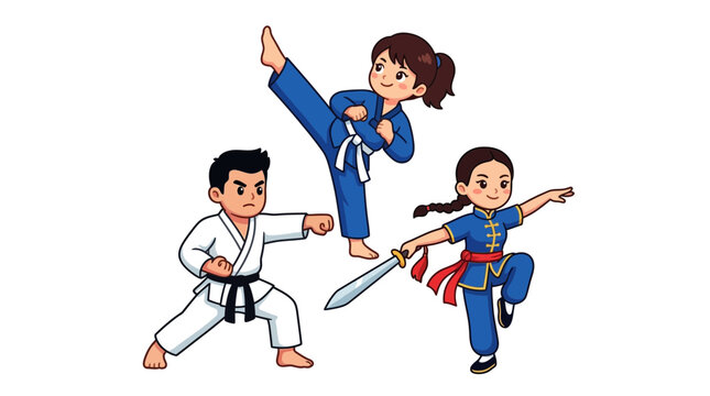Kids practicing karate and kung fu with sword