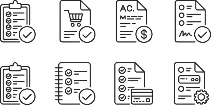 Set of eight black line icons depicting business documents, checklists, shopping carts, and financial settings, isolated on white background.