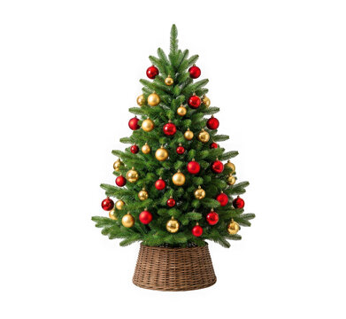 Decorated christmas tree with red and gold ornaments in a wicker basket isolated on transparent background