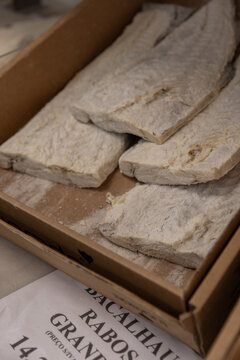 traditional dried cod Portugese style in neighborhood grocery store in Lisbon