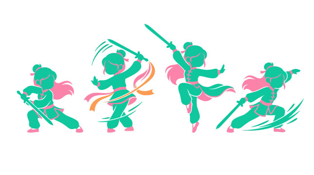 Sequence of martial arts sword form silhouettes.