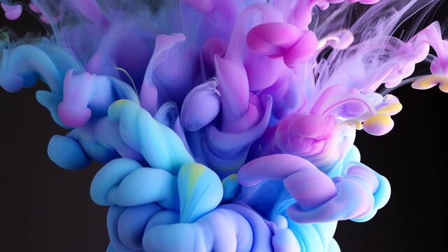 Slow motion closeup tracking shot of colored ink clouds swirling and mixing in dark water tank studio