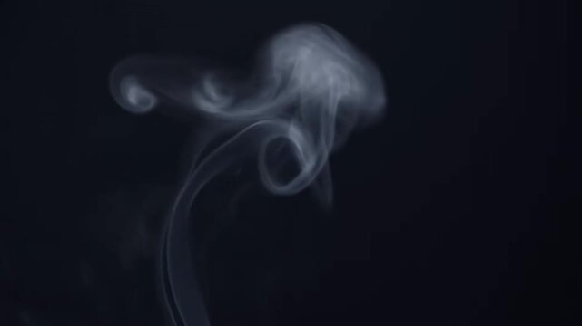 Slow motion static close up of smoke plume curling and rising against dark studio background with translucent wisps