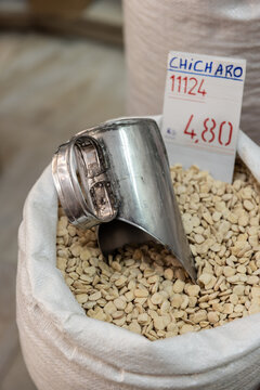 dried beans for sale in bulk at neighborhood grocery store in Lisbon, Portugal