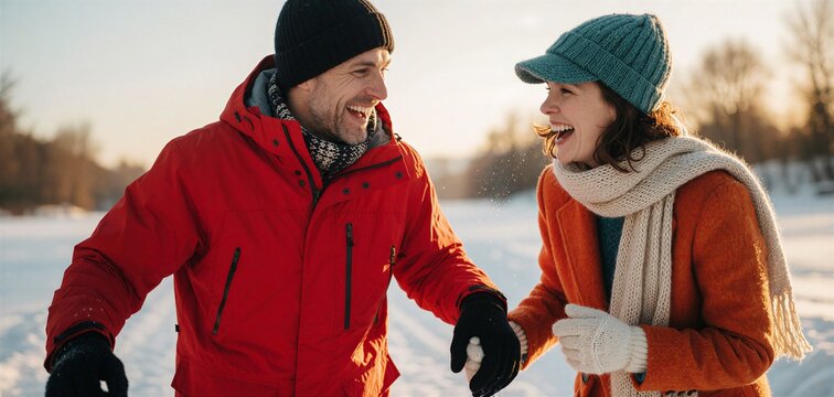 Joyful couple enjoying a winter walk in the snow during golden hour, perfect for Christmas or holiday themes.