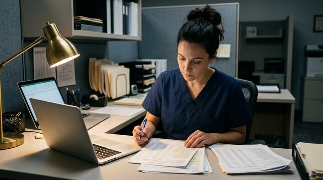 Focused female medical biller in navy scrubs reviewing printed coding reports at desk with silver laptop in clinical office