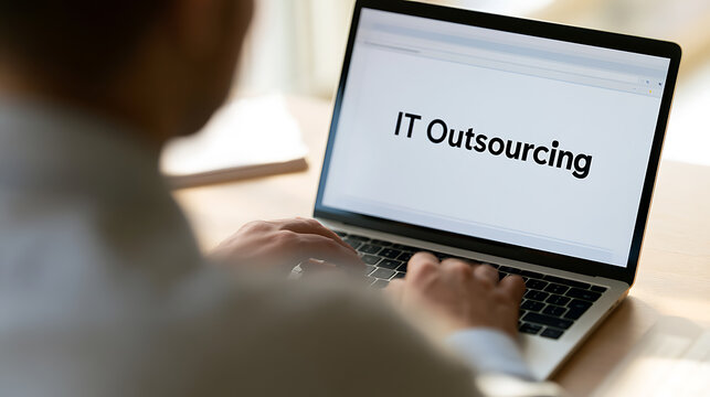Professional worker use laptop computer display text information about business outsourcing service concept for modern corporate online project support