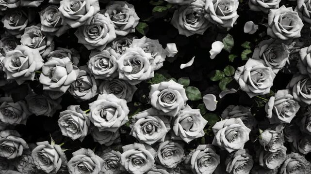 Petals detaching from dense rose cluster, drifting across topdown blooms, showing natural shedding