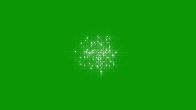 Shimmering white star particles creating a glowing magic orb, sparkling fairy dust and glittering light flares, luminous twinkle burst animation, abstract 2d particle overlay on green screen, 4k video