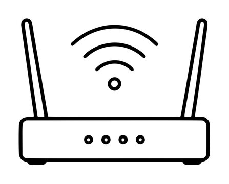Hand-drawn black outline vector icon illustration of a wireless wifi router with dual antennas and signal waves, minimalist line art design on white background, networking equipment symbol