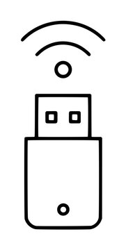 Hand-traced vector illustration of a wireless USB dongle with signal waves, minimalist line art icon in outline style for technology interfaces and digital connectivity