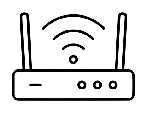 Hand-drawn wireless router line art icon featuring Wi-Fi signal waves radiating above a sleek modem device with antennas and indicator lights, simple vector illustration style