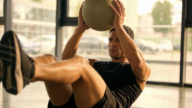Starting set, man in black shorts holding V-sit on mat at gym, lifting medicine-ball for core