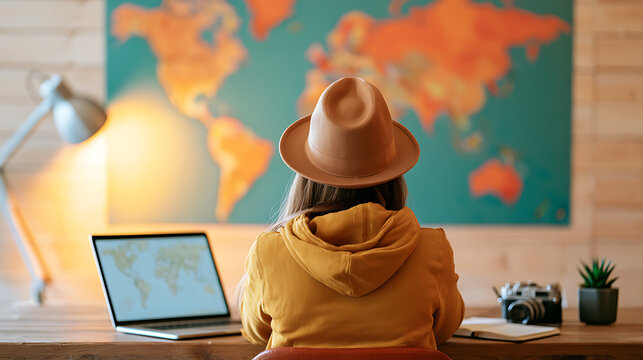 Young woman in a hat look at world map and laptop in a rustic wooden room, planning an adventure trip, journey and tourism concept