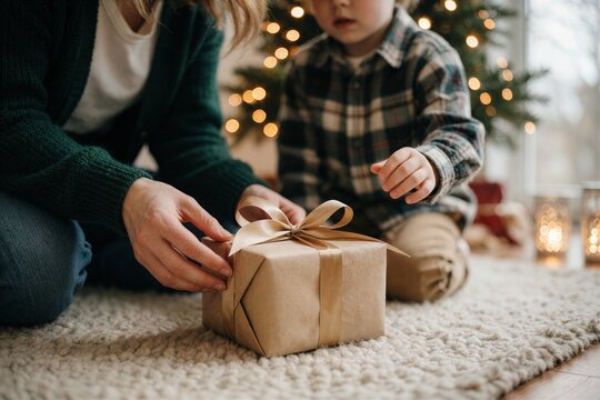 Celebrating Christmas at home with a wrapped gift on a soft rug, featuring an adults hands and a child watching near twinkling lights.