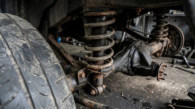 Close-up of worn automotive rear suspension assembly with rusted coil spring wrapped around black shock absorber mounted on dirty differential axle inside vehicle undercarriage garage setting