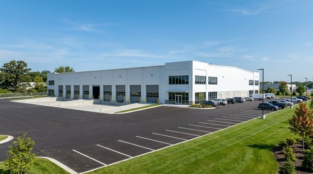 Modern white industrial warehouse with large asphalt parking lot, manicured green lawn, and clear blue sky background, contemporary commercial architecture exterior view