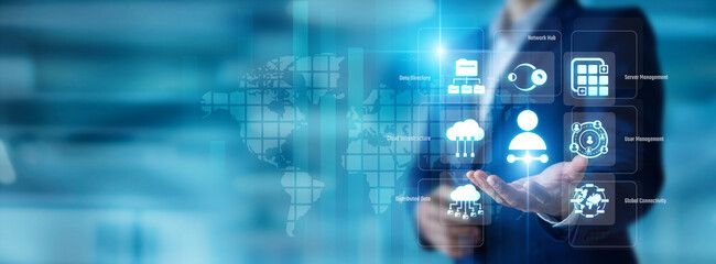 Obraz premium Systems engineer holding a routing cord in hand. Network Admin maintains global enterprise connectivity and server health. Dedicated infrastructure support optimizes online traffic.