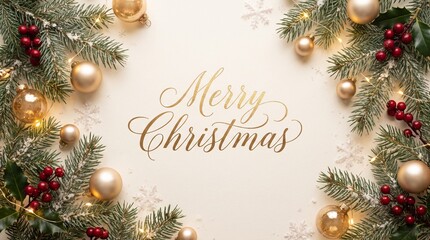 Obraz premium Merry Christmas and Happy New Year Festive Background with Golden Baubles, Fir Branches and Greeting Calligraphy