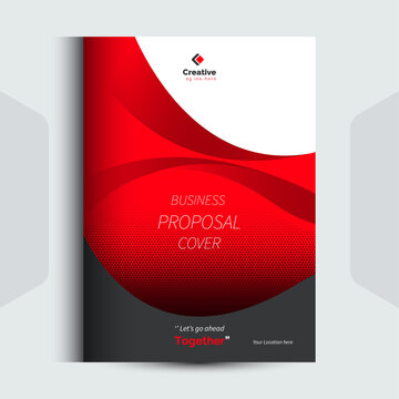 Creative business proposal cover layout featuring red curves and dark tones