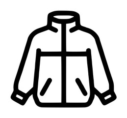 Hand-drawn black vector outline icon of a classic windbreaker jacket featuring a sturdy high collar, central zipper, long sleeves, and visible front pockets on a clean white background for versatile © Ema
