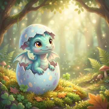 Cute Baby Dragon Hatching From Egg Fantasy Illustration