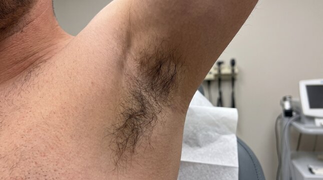 Close-up of man's armpit hair before depilation in a clinical setting  