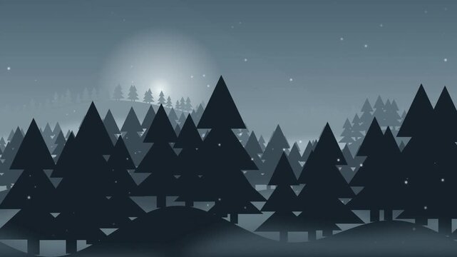 Winter Forest Silhouette Landscape with Falling Snow