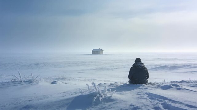 Sitting man in parka watching house on snowy plain, seeking shelter with light shifting, copy space