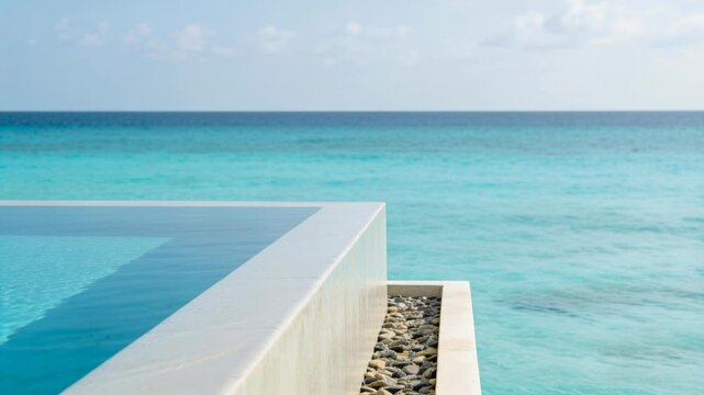 Holding camera steady, pool lip and pebble drain framing ocean, water rippling by shifting sunlight