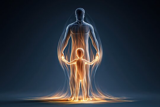 Energy aura protection adult holding child glowing health concept